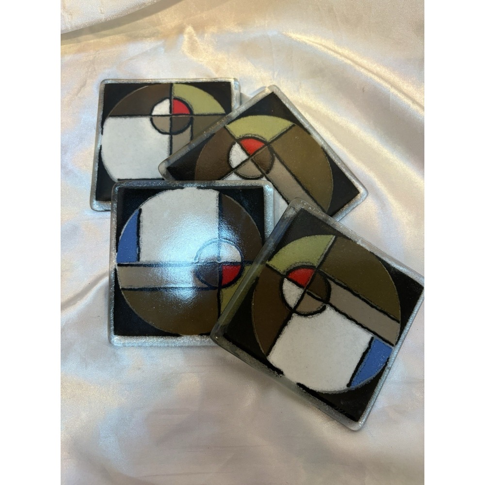 Frank Lloyd Wright Inspired Design Art Glass Signed Coasters Set 4